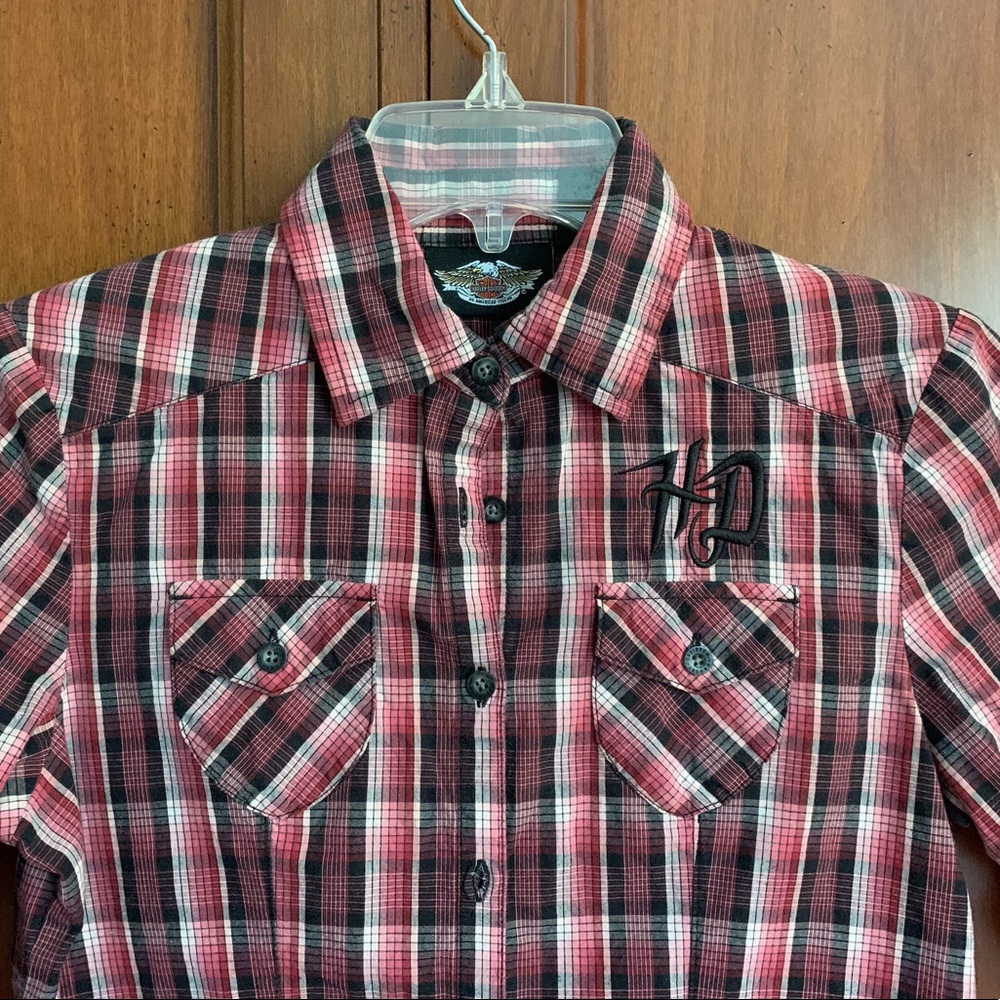 Harley Davidson 3/4 sleeve button shirt. Red and black plaid. Size XS
